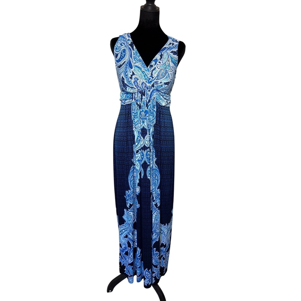 Soma Blue Paisley V-Neck Maxi Dress Cross Back Removable Cups Medium